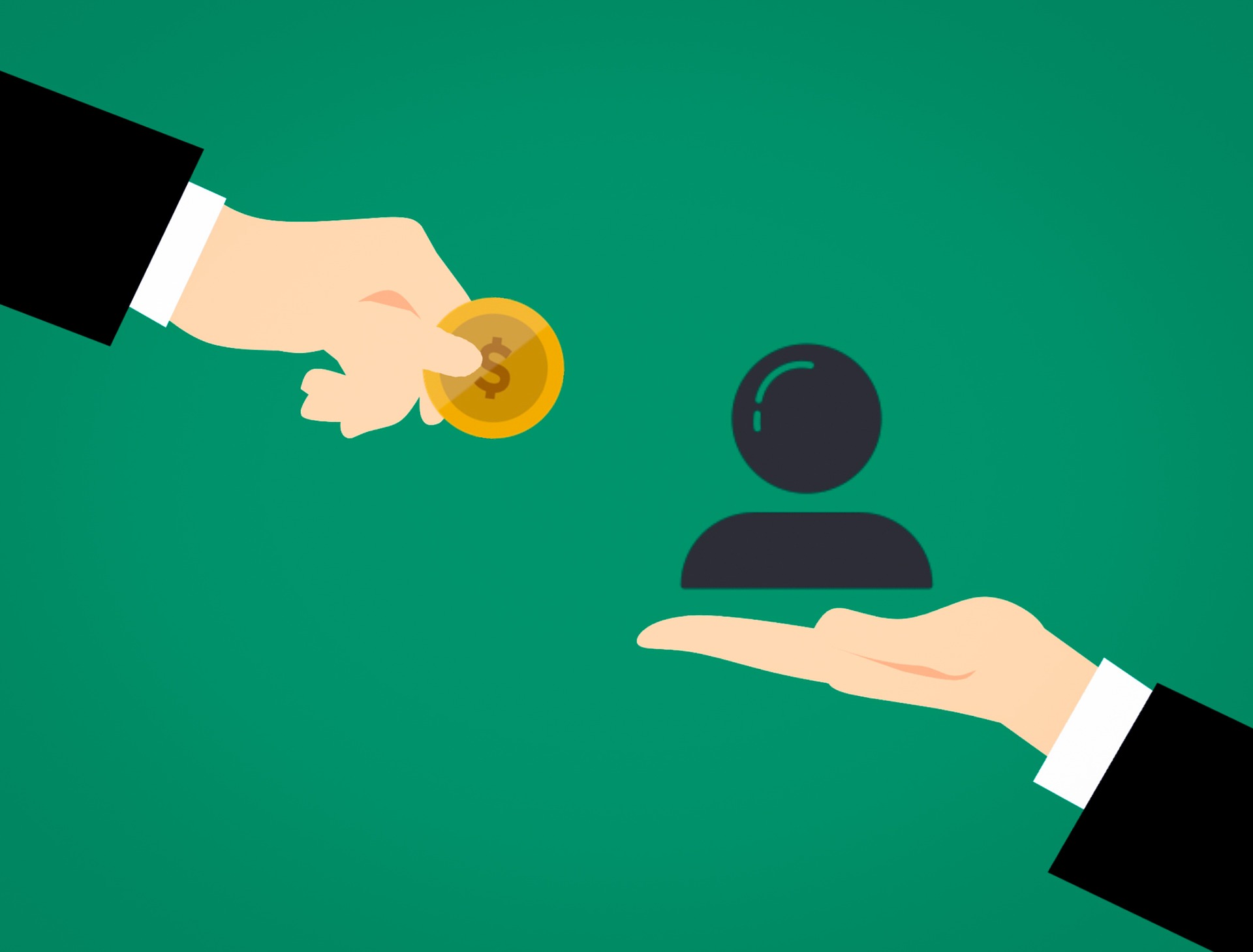 Flat illustration of one hand giving a gold dollar coin to another hand holding a person icon