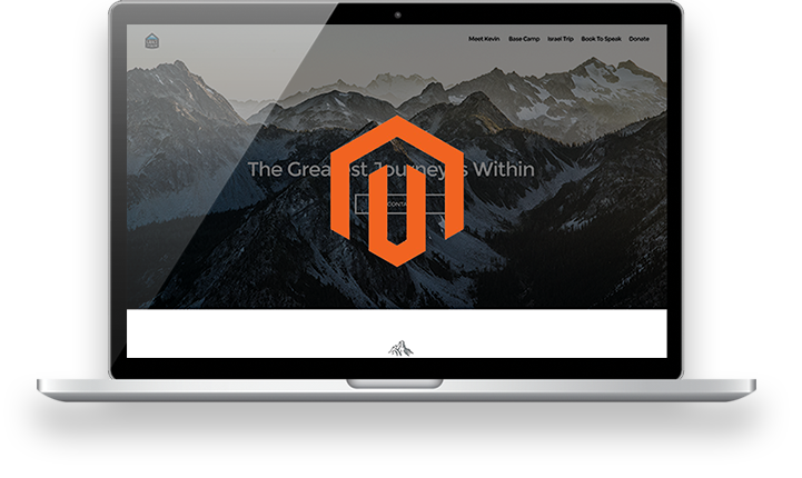 Laptop mockup displaying a Magento ecommerce homepage with mountain hero image and orange logo