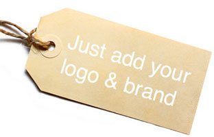 Kraft hang tag with twine reading Just add your logo and brand