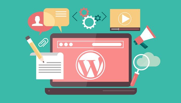 Flat illustration of a WordPress browser window surrounded by chat, video, and tool icons