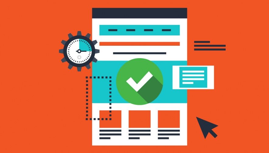 Flat illustration of a landing page mockup with green checkmark, gear clock and cursor on orange background