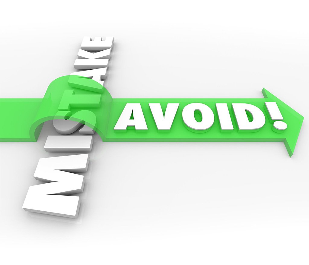 3D word Avoid on a green arrow jumping over the upright word Mistake