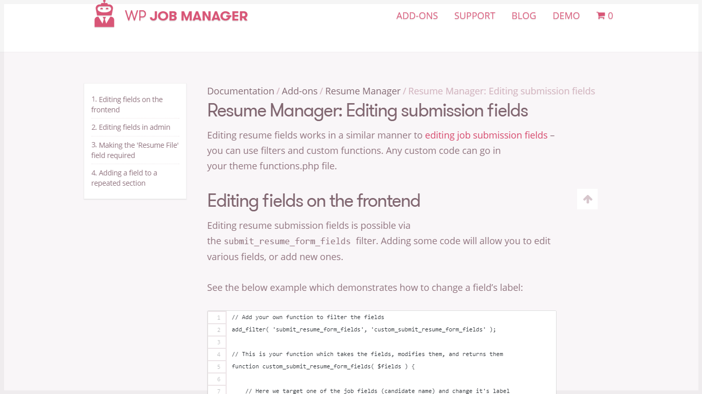WP Job Manager documentation page about editing resume submission fields