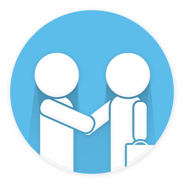 Two stick figures shaking hands in a blue circle, one holding a briefcase