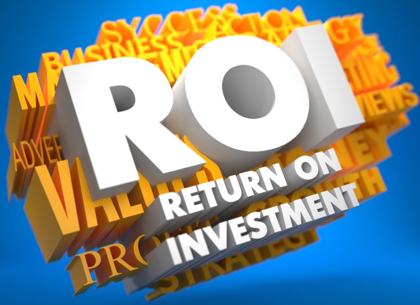 Three dimensional ROI Return On Investment text in white over orange marketing word cloud