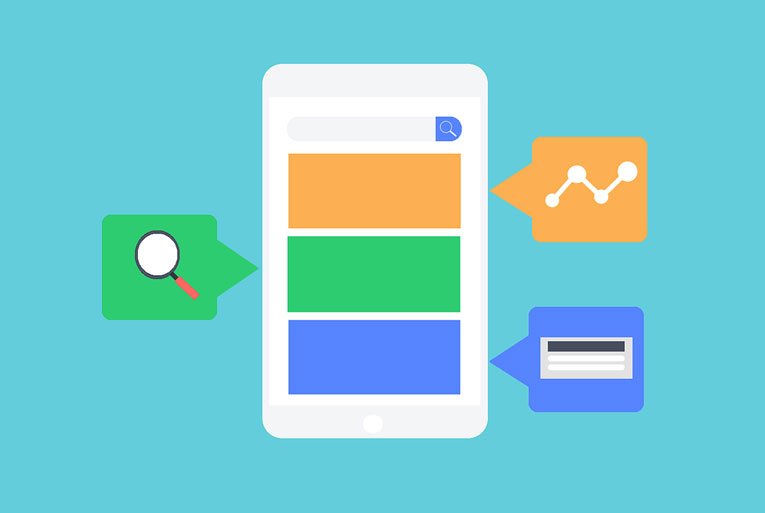 Flat illustration of a smartphone with search bar and analytics callouts