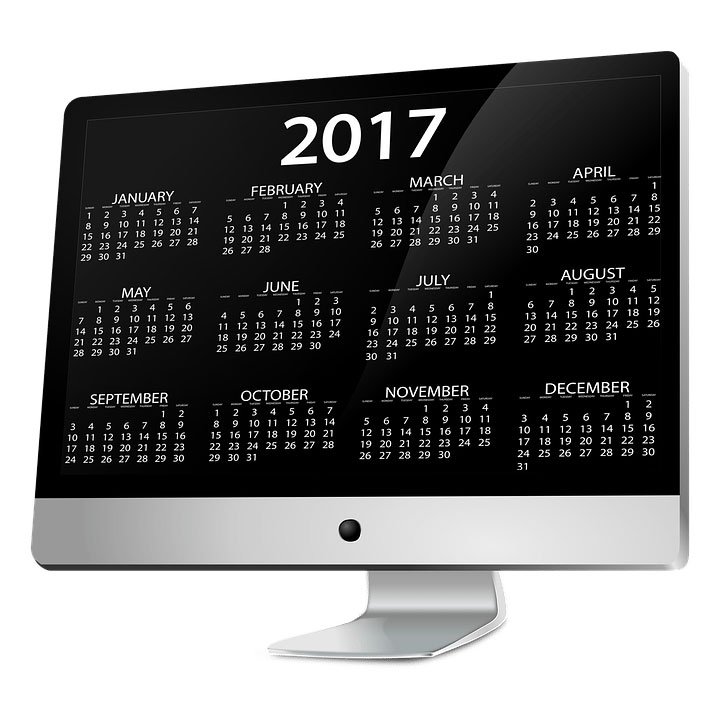Computer monitor displaying a 12-month 2017 wall calendar in black