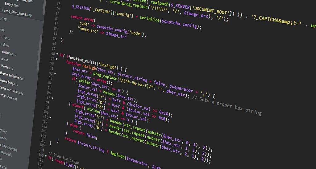Code editor showing PHP source with hex2rgb function and CSS file sidebar