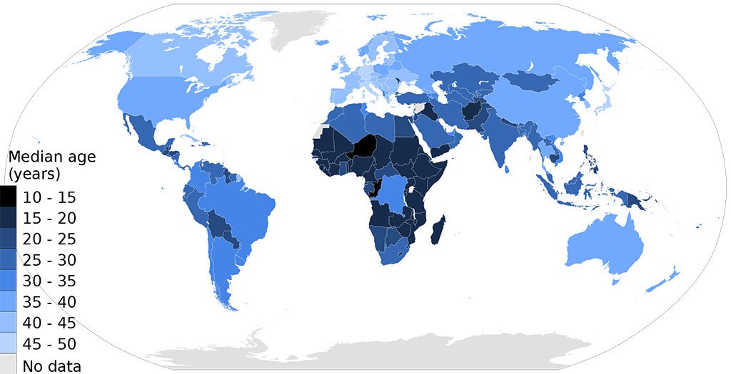 World map shaded by median age in years with a blue gradient legend