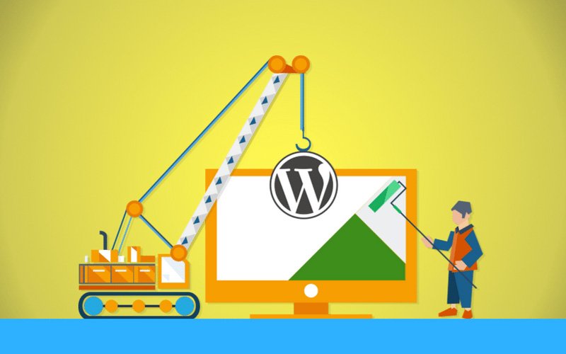 Flat illustration of a worker with paint roller and crane installing WordPress logo on a desktop monitor