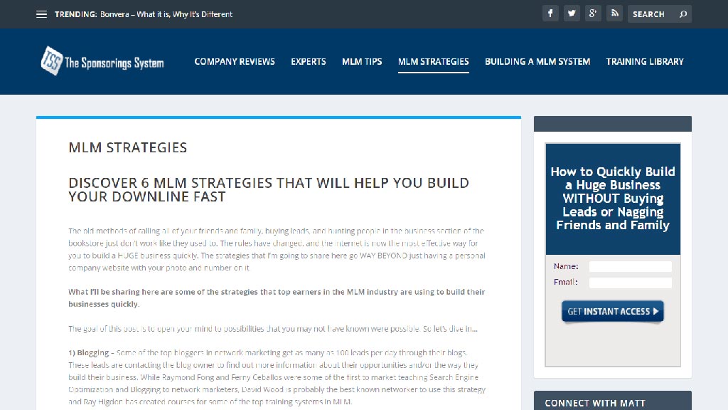 Webpage screenshot showing The Sponsoring System MLM Strategies article and signup form