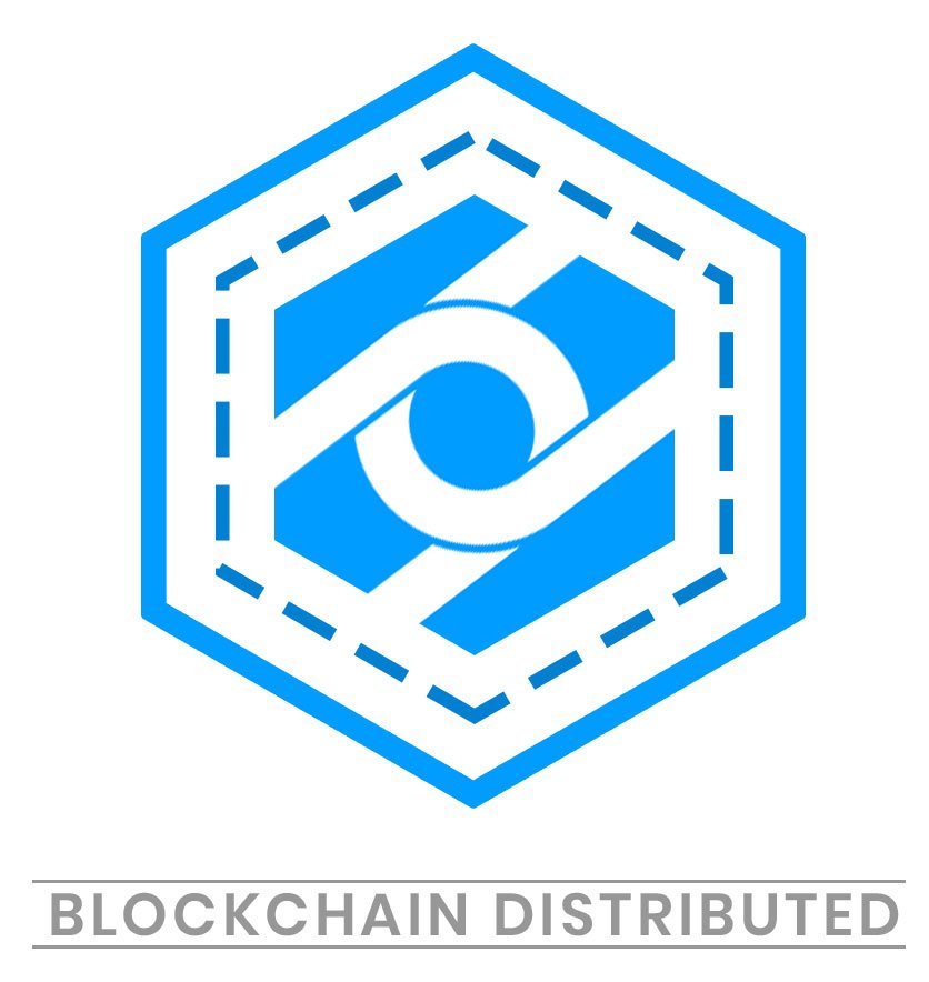 Blue hexagonal blockchain logo with the words Blockchain Distributed below it