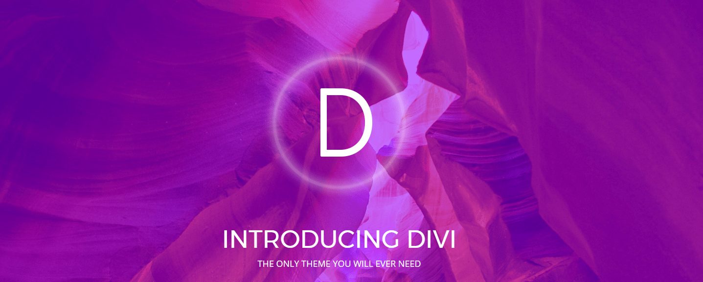 Introducing Divi theme banner with letter D over purple canyon background