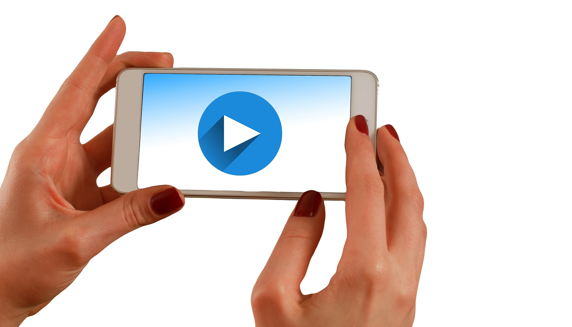 Two hands holding a smartphone displaying a blue video play button on screen