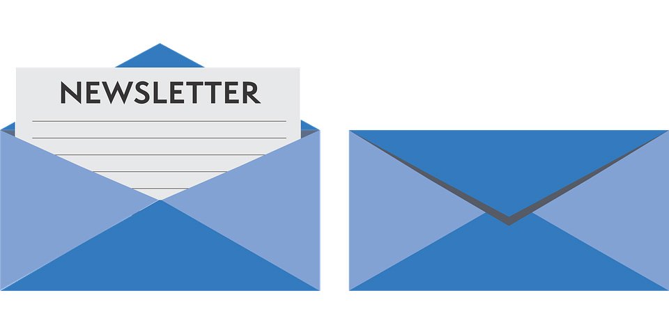 Two blue envelopes, one open with a sheet labeled Newsletter inside