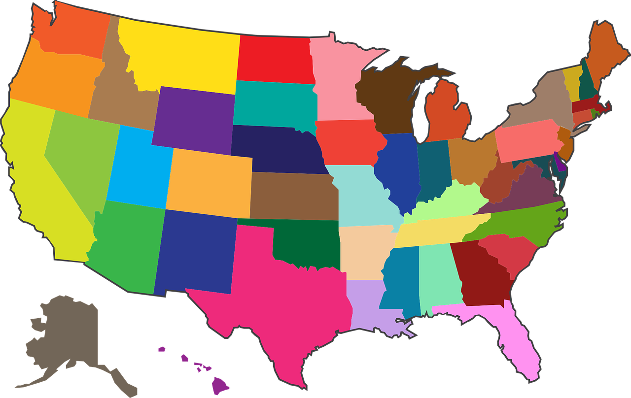 A map showing each of the 50 United States in different colors.