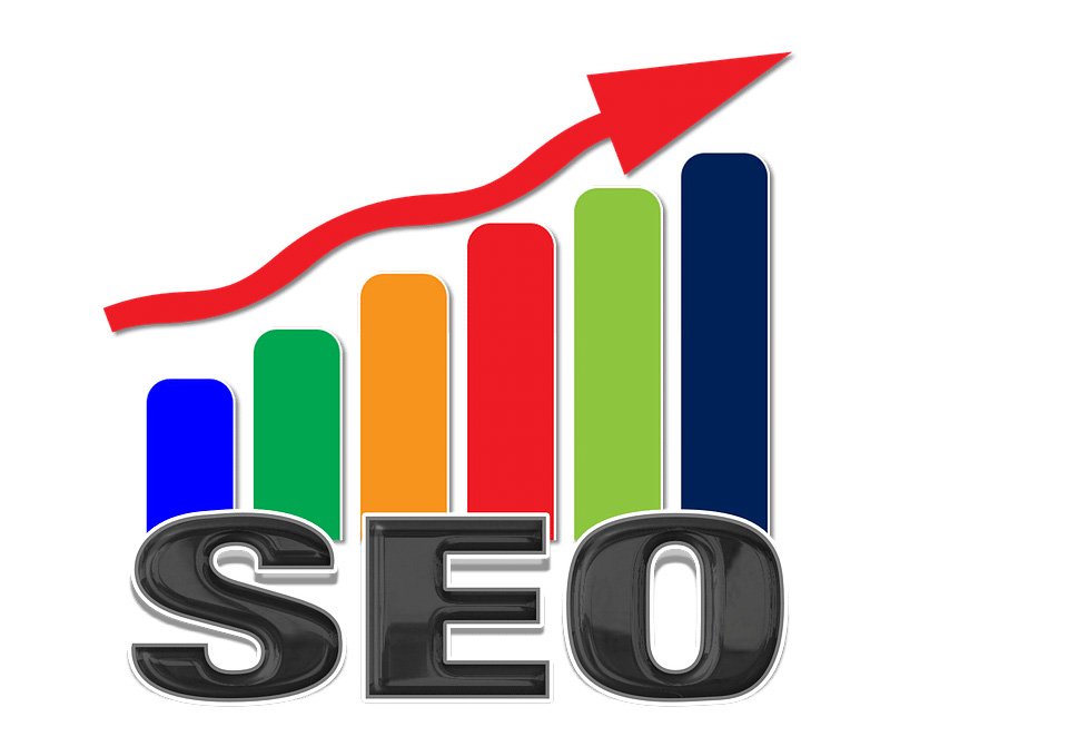 Colorful rising bar chart with red trend arrow over the letters SEO