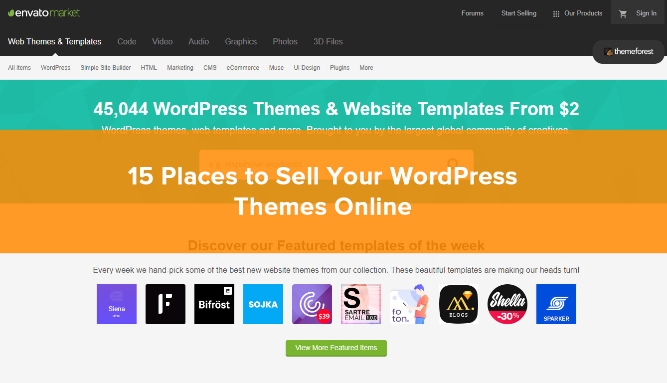 A screenshot of Envato Market, one of the 15 places to sell your WordPress themes online.