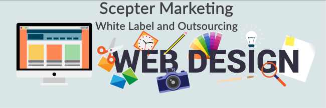 Web Design banner with monitor mockup, color swatches, camera, and scissors icons