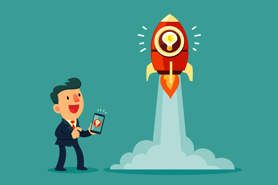 Cartoon businessman holding phone watches a rocket with a lightbulb launching