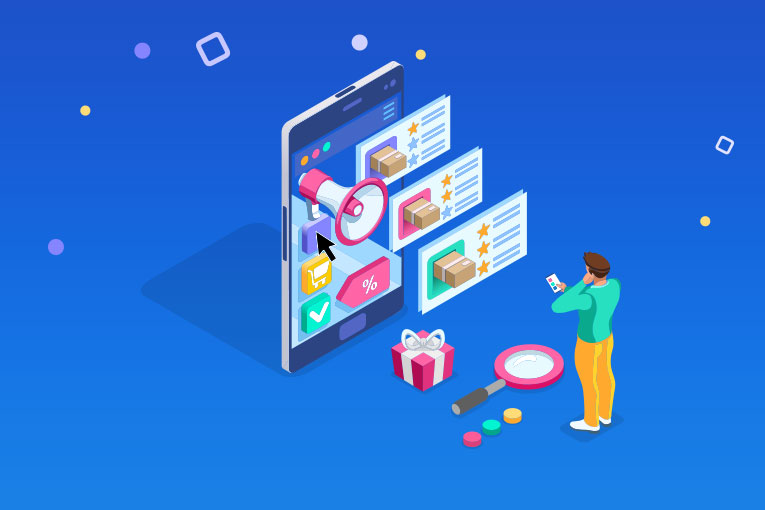 Isometric smartphone with floating star ratings, megaphone, and marketing icons