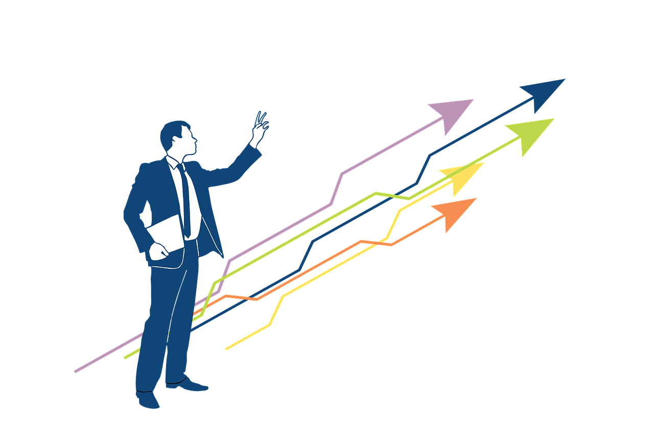 Illustrated businessman gesturing toward upward-trending arrows representing growth