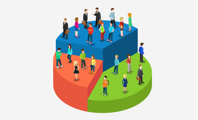 Isometric pie chart with people standing on each segment representing audience segments