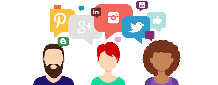Illustration of three people symbolizing social influencers, with Twitter and Instagram icons