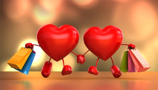 Two cartoon red hearts with arms and legs holding hands and carrying shopping bags