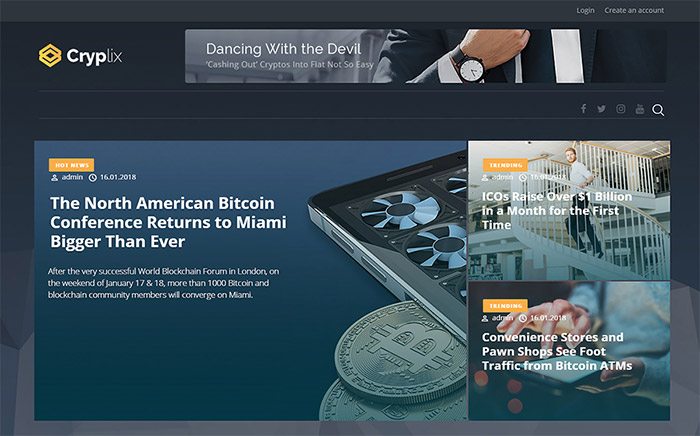 Cryptocurrency news website homepage featuring Bitcoin conference and ICO headlines
