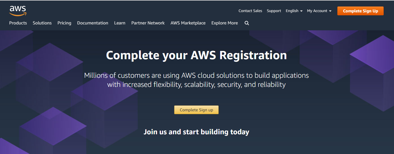 Amazon Web Services registration page with purple cube background