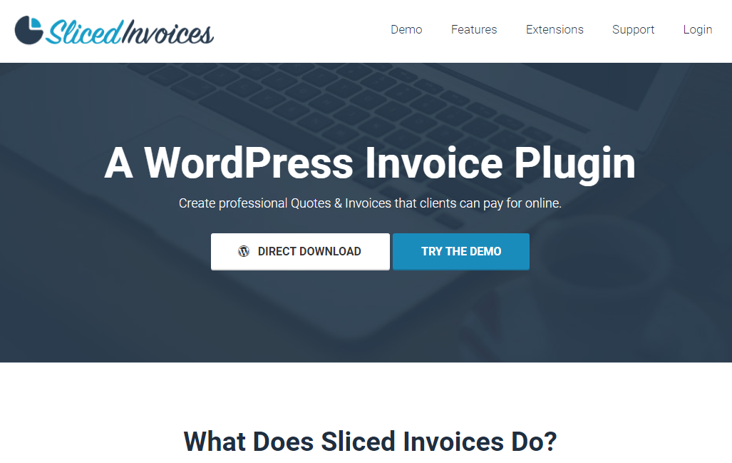 Sliced Invoices WordPress invoice plugin homepage with download and demo buttons