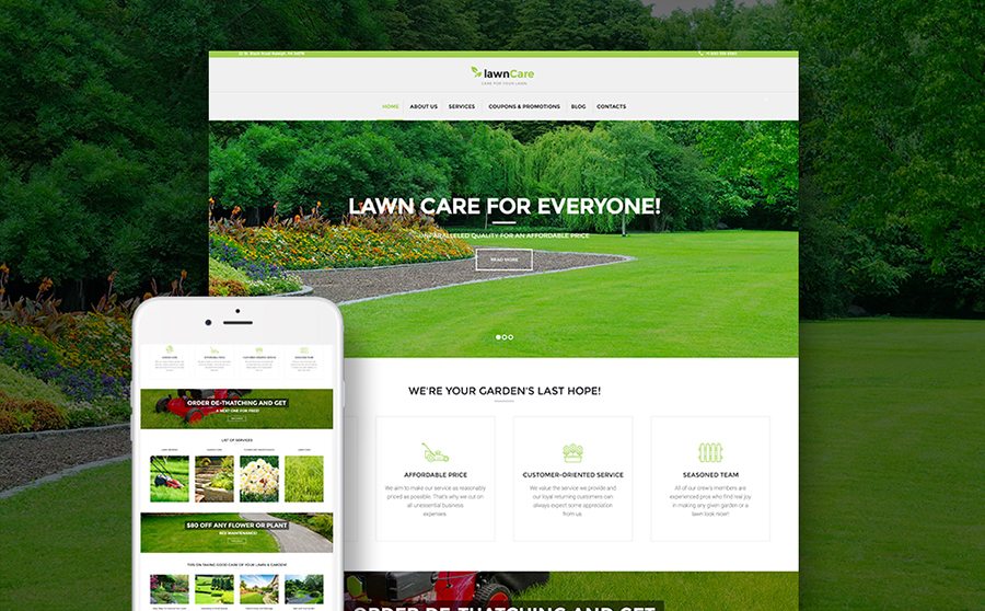 Lawn Care WordPress theme homepage on desktop and mobile featuring a green lawn