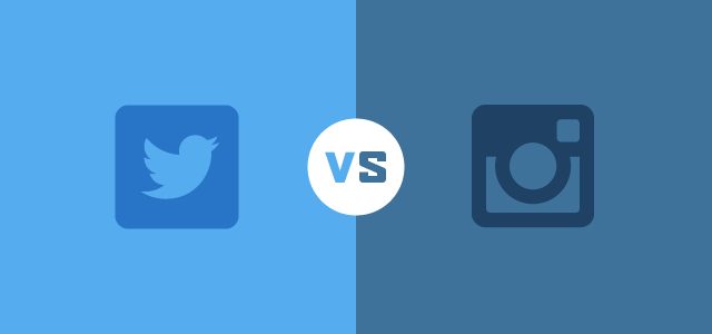 Twitter and Instagram logos on a split blue background separated by a VS badge