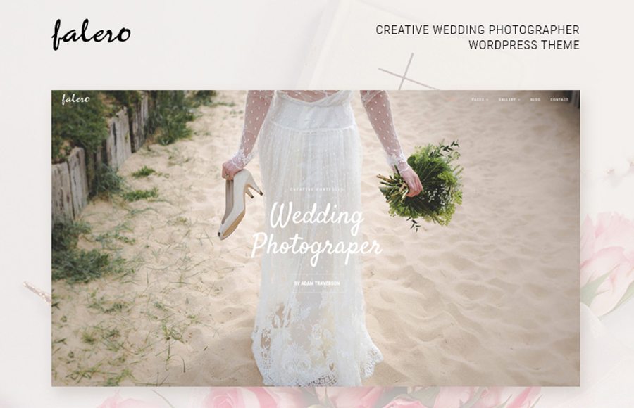Falero wedding photographer WordPress theme homepage with bride on a sandy path