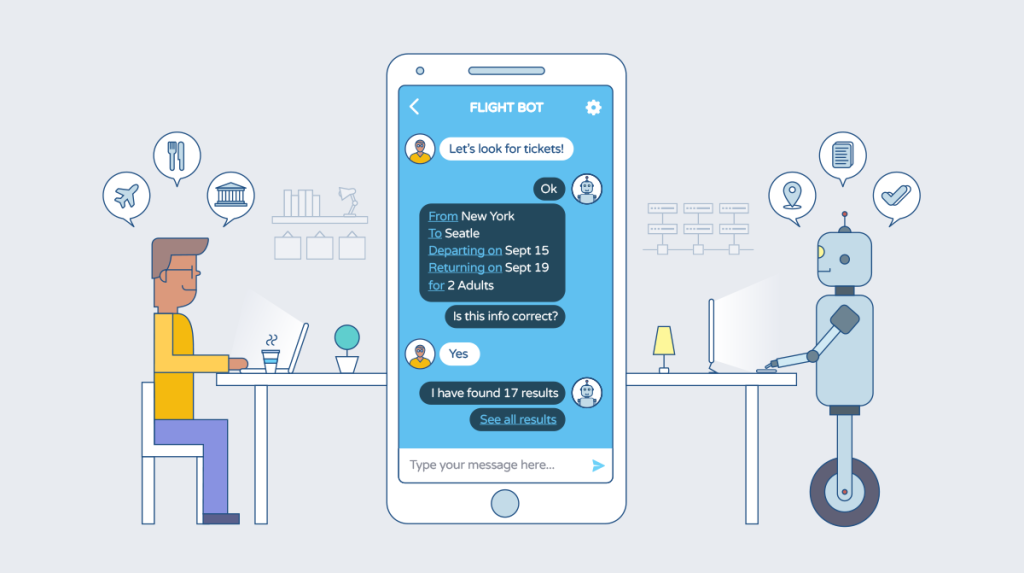 Illustration of a customer booking a flight via a chatbot on a smartphone, robot assistant at right