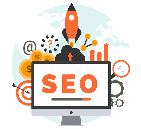 SEO illustration with a rocket launching from a monitor surrounded by marketing icons