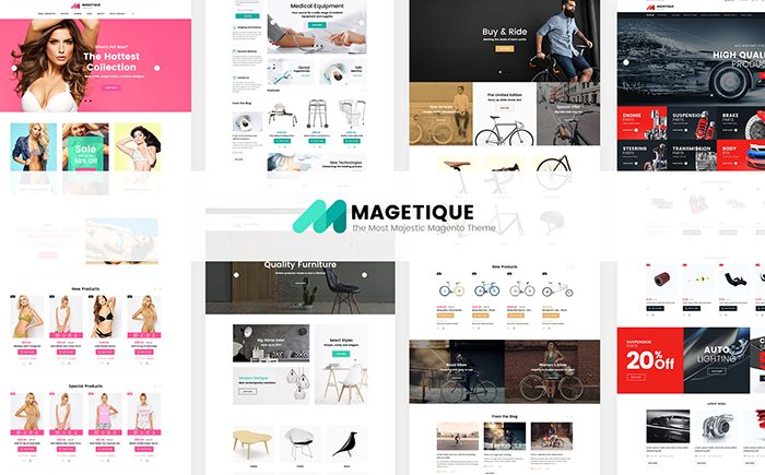 Magetique Magento theme demo collage showing fashion, medical, bike, and auto layouts