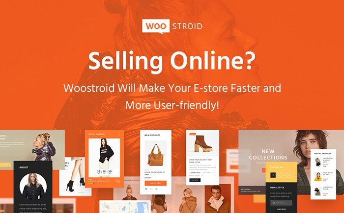 Woostroid WooCommerce theme banner with fashion store layout previews