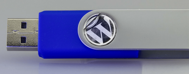 Blue swivel USB flash drive with WordPress logo
