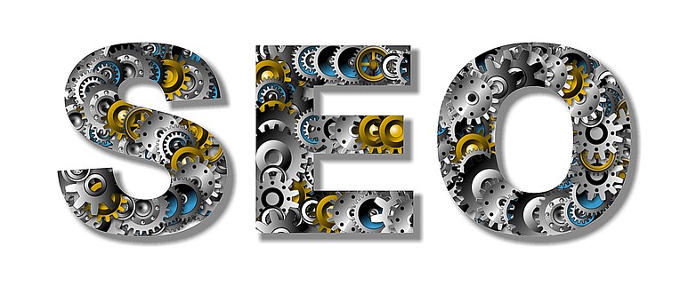 Letters SEO filled with interlocking gears in silver, blue, and gold