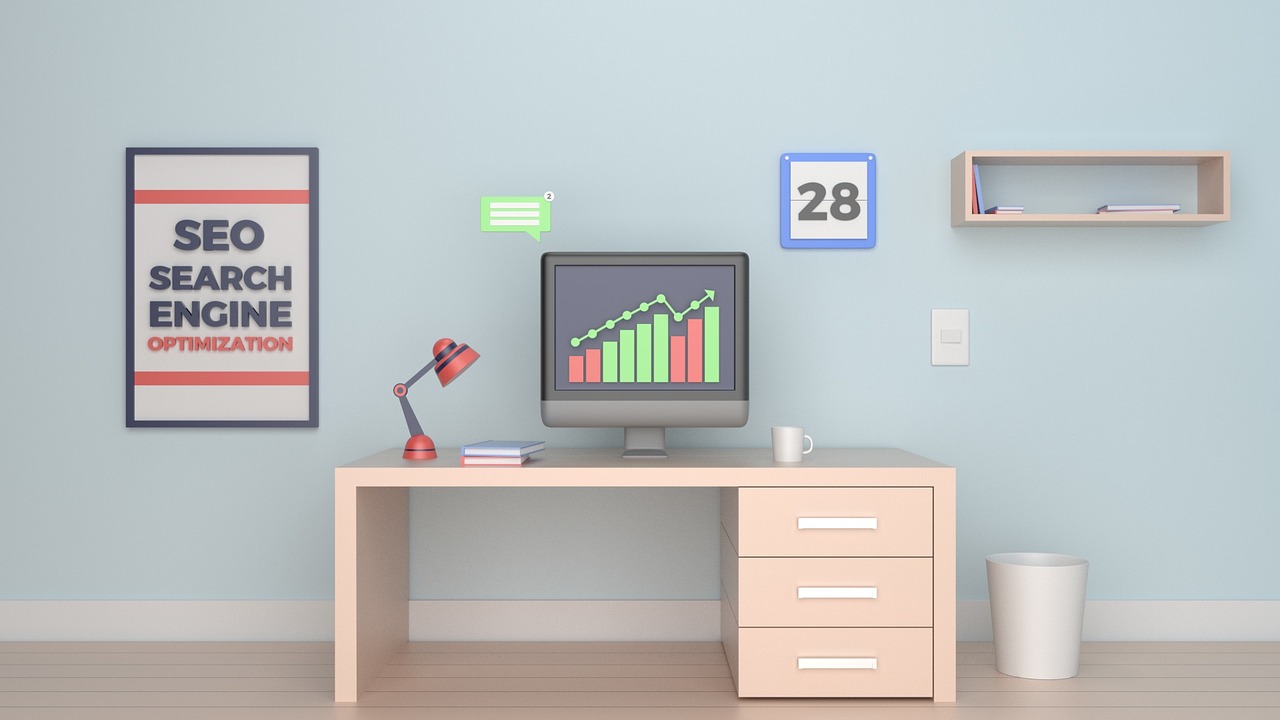 Illustrated SEO workspace with desk, monitor showing growth chart, and search engine optimization poster