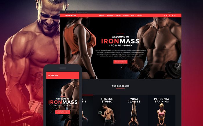 IronMass CrossFit studio website template shown on desktop and mobile mockups