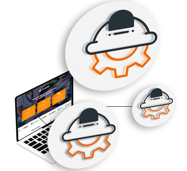 Hard hat and gear icons floating over a laptop, representing web design service