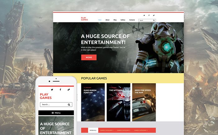 Play Games website template preview shown on desktop and mobile with armored character