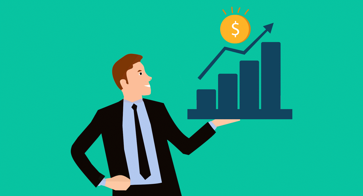 Cartoon businessman holding a rising bar chart with dollar sign coin