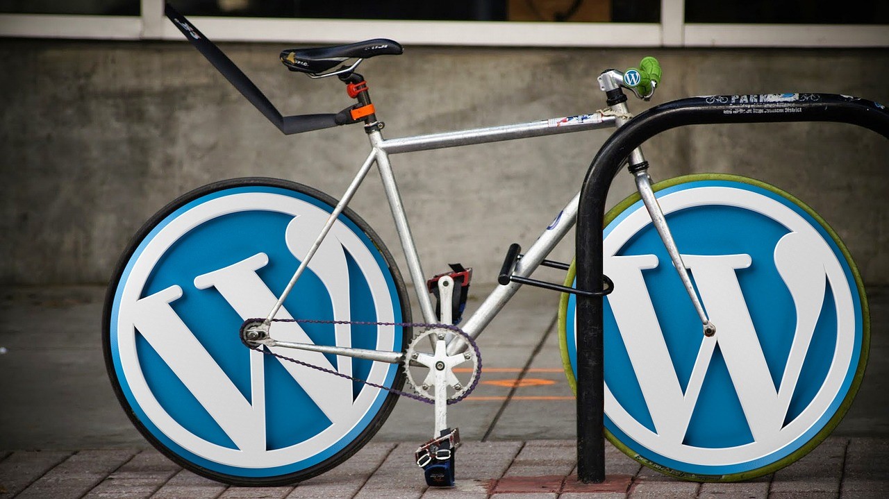 Bicycle leaning on a rack where the wheels are styled as the WordPress logo.