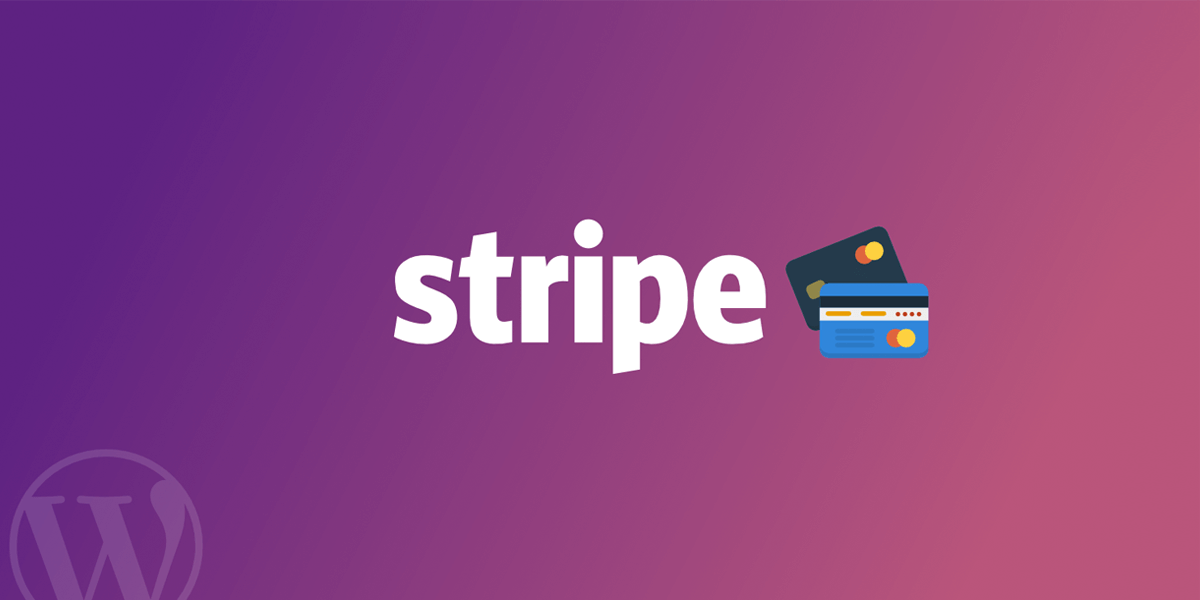 Stripe wordmark next to two credit cards on a purple gradient background.