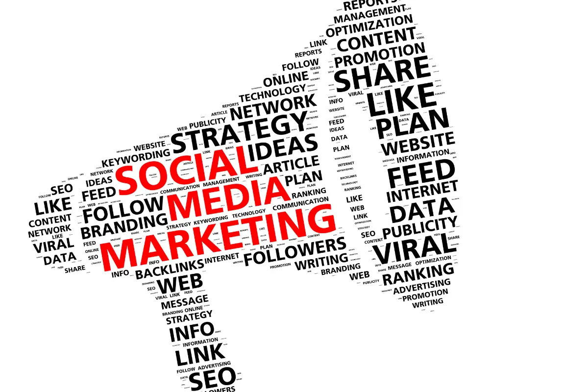 Megaphone formed from a word cloud, with Social Media Marketing highlighted in red