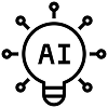 Line icon of a lightbulb labeled AI surrounded by connected nodes